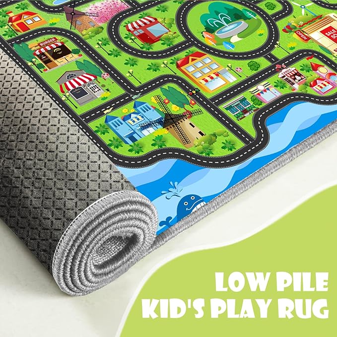 Car Rug,Kids Play Rug with Roads,Playroom Non Slip Car Track City Map for Bedroom Classroom - (59X39.4 Inches)