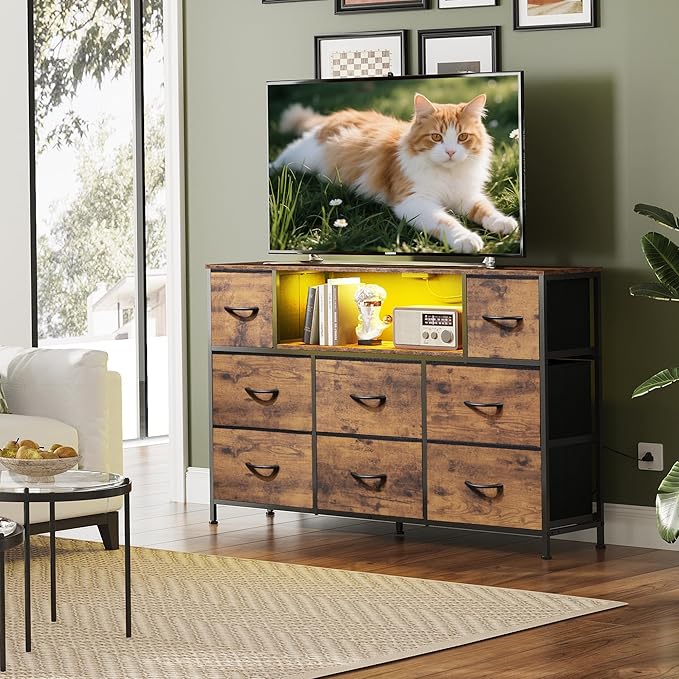 WLIVE Dresser TV Stand for 45, 50, 55 inch TV, Entertainment Center with LED Lights & Charging Station, Chest of Drawers with 8 Fabric Drawers and Open Shelves for Living Room, Hallway, Rustic Brown