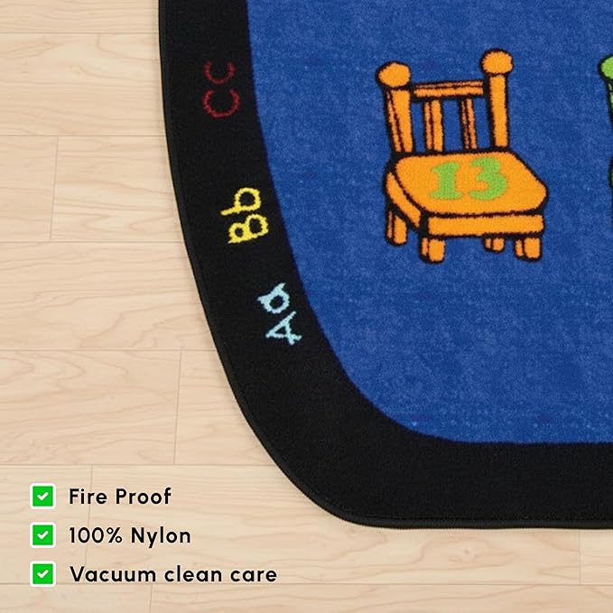 SAFECASTLE Chairs 16 Seats Kids Educational Area Rug – 6'6" x 8'4" – Colorful Numbered Seating Layout with Alphabet Border – Classroom Seating Kids Carpet for Preschool, Daycare & Kindergarten