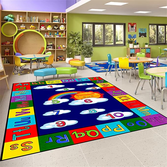 Educational Kids Rug 5x8ft - ABC Alphabet & Numbers Learning Play Mat with Rainbow, Sun & Fun Illustrations - Washable Play Mat for Nursery, Playroom, Preschool Classroom