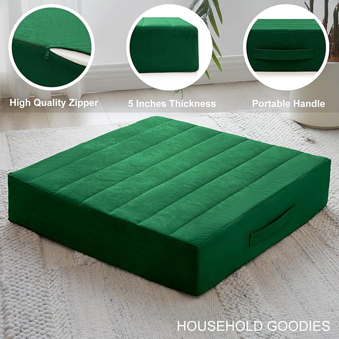2 Pcs High Density Foam Floor Pillow - Upgraded Large Pillows Seating for Adults - Outdoor Floor Cushion with Soft Tufted Cover - Yoga Pillows for Sitting On Floor - 22 Inch Green