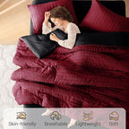 MUXHOMO 7 Pieces Full Comforter Set, Seersucker Bed in a Bag Full Size, All Season Luxury Bedding Set with Comforter, Flat Sheet, Fitted Sheet, Pillowcases & Shams, Red & Black