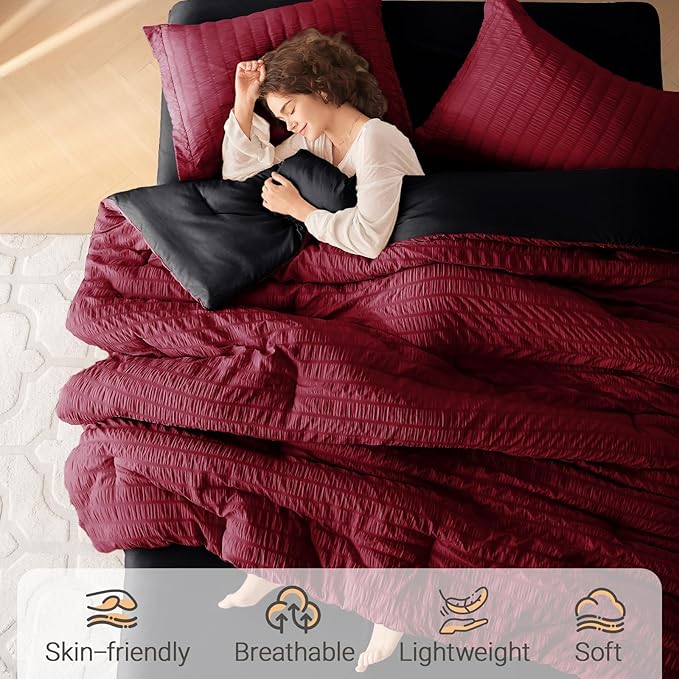 MUXHOMO 7 Pieces Full Comforter Set, Seersucker Bed in a Bag Full Size, All Season Luxury Bedding Set with Comforter, Flat Sheet, Fitted Sheet, Pillowcases & Shams, Red & Black