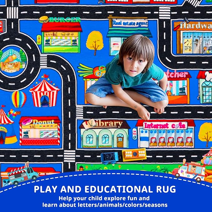 Kids Rugs for Toy Cars Playroom 110"×78.7" ABC Transportation Animals Play Mat Educational Mat Alphabet Area Rug Public Buildings Kids Playtime Collection Toddler Learning Carpet