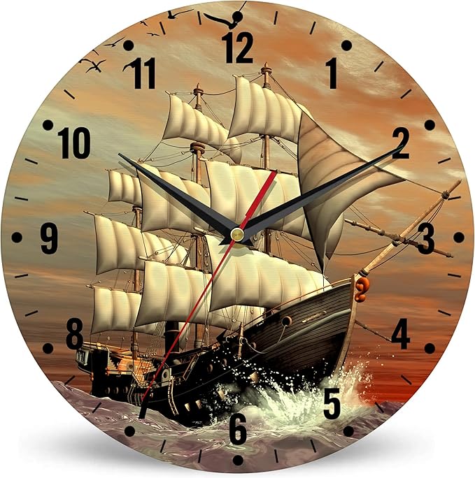 SPUNKER Clock for Bedroom,Vintage Ship Sailing Wall Clocks for Living Room Decor,Sea Ocean Kitchen Clocks Wall Battery Operated - 10 Inch Round Bathroom Wall Clock Silent Non-Ticking