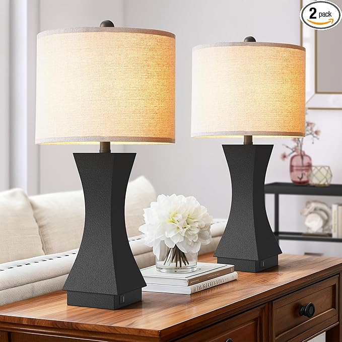 24.5" Modern Table Lamp Set of 2, 3-Way Dimmable Bedside Lamps with USB C & A Charging, Farmhouse Resin Nightstand Lamps with Beige Linen Shade for Bedroom, Living Room, Home Office (Black)