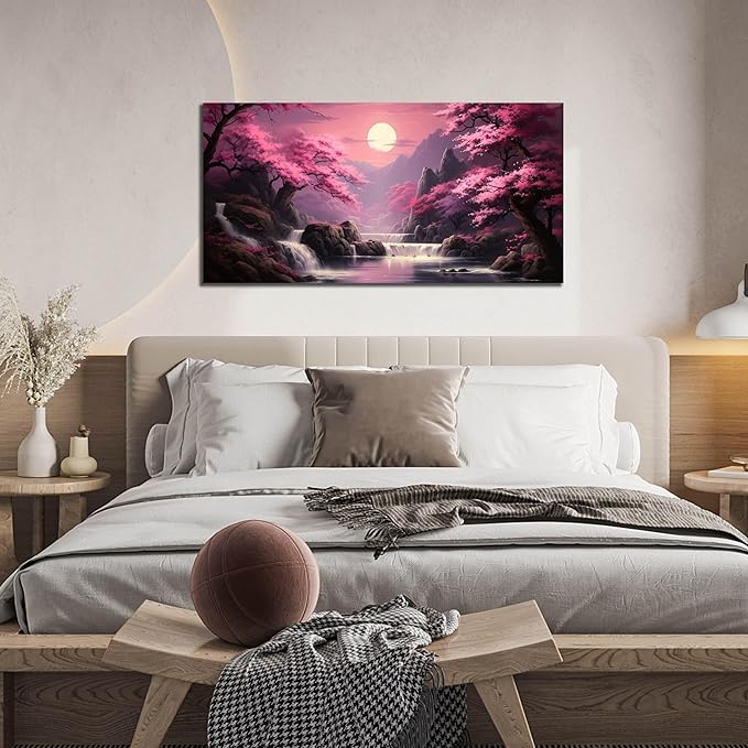 Landscape Wall Art for Living Room Bedroom Office Pink Wall Art Moon Lake Mountain Pictures Modern Artwork Framed Wall Decor Canvas Prints 20x40 Inch