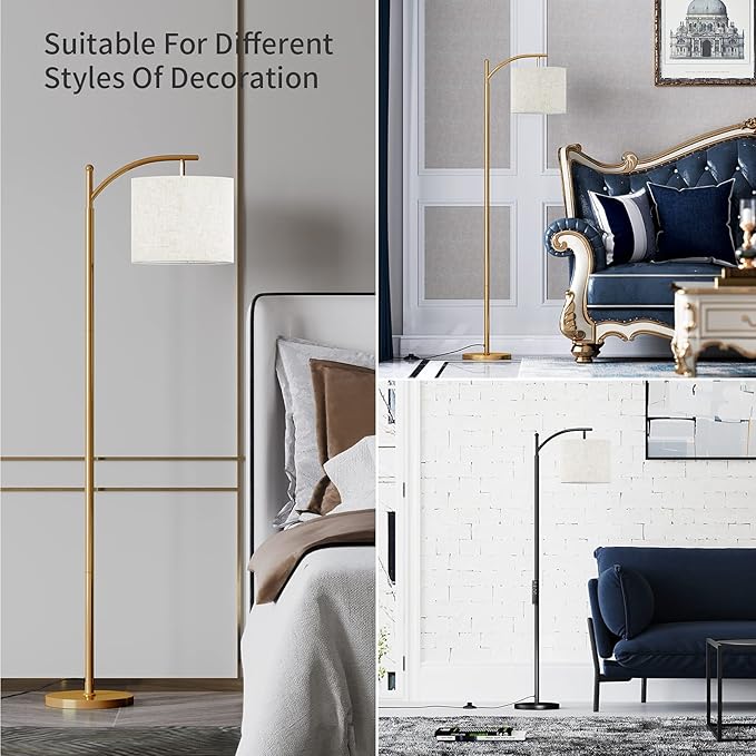 SUNMORY Arc Floor Lamp, Modern Floor Lamp with Romote Control and Stepless Dimmable Bulb, Metal Standing Lamps with Hanging Lampshade for Living Room, Bedroom, Office (Gold)
