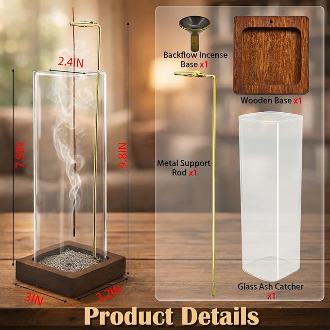1 Pack HZCPENG Incense Holder, 2 in 1 Incense Burner for Sticks or Backflow Incense, Anti-ash Square Incence-Stick Holder with Wooden Base for Meditation, Yoga, Relaxation, and Home Décor