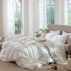 MooMee Striped Duvet Cover Set 100% Washed Cotton Linen Like Textured Breathable Durable Soft Comfy (White Orange Wide Stripes, Twin 68"x90")