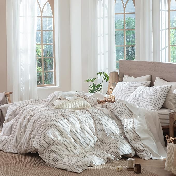 MooMee Striped Duvet Cover Set 100% Washed Cotton Linen Like Textured Breathable Durable Soft Comfy (White Orange Wide Stripes, King 104"x90")