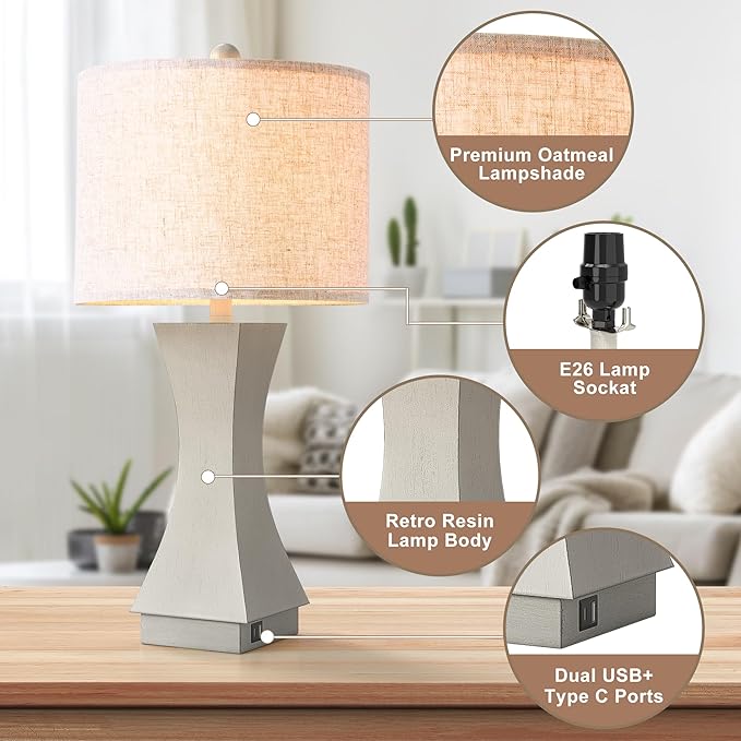 24.5" Modern Table Lamp Set of 2, 3-Way Dimmable Bedside Lamps with USB C & A Charging, Farmhouse Resin Nightstand Lamps with Linen Shade for Bedroom, Living Room, Home Office (Gray)
