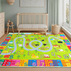 Educational Rug for Classroom, Play Rugs for Boys Girls Bedroom Kids Room, Non-Slip Washable ABC Learning Carpet for Playroom, Zoo Road Play Mat, 8x10 Green