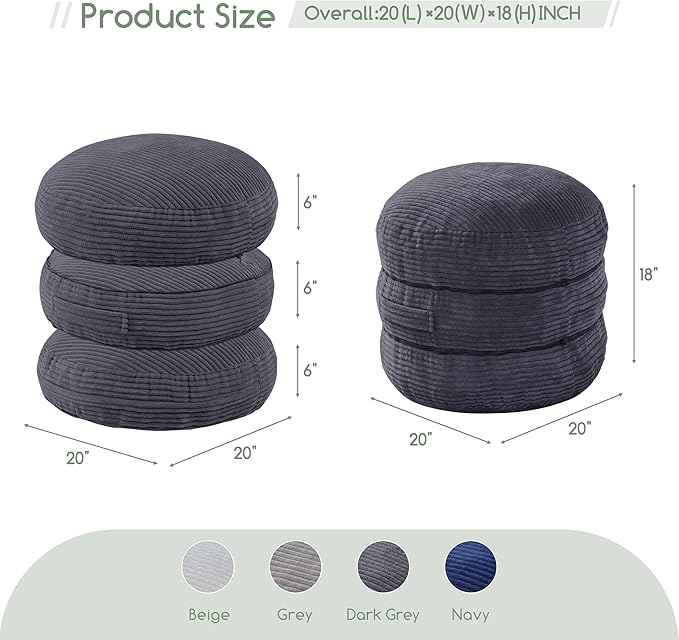 HIGOGOGO Pouf Ottoman Stuffed Round Modern Foam Filled Foot Rest Poufs 20 X 18 Inches Modular Ottomans Separated Into Floor Cushions for Living Room Chair Decorative Stool, Dark Grey