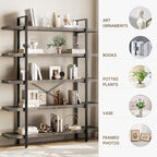 Bookshelf Set, Heavy Duty 5-Tier Industrial Bookcase, 47" Wide Wood Bookshelf for Home Office, 120lbs Shelf Capacity, Rustic Open Display with Horizontal Shelf for Living Room Bedroom, Grey