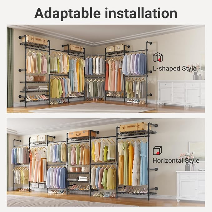 Timate L6 Closet Rack Wall Mount for Corner - Expandable Industrial Pipe Closet , Heavy Duty Hanging Garment Rack, Closet Organizer Storage Solution for Wardrobe, Bedroom, Walk-in Closets, Black