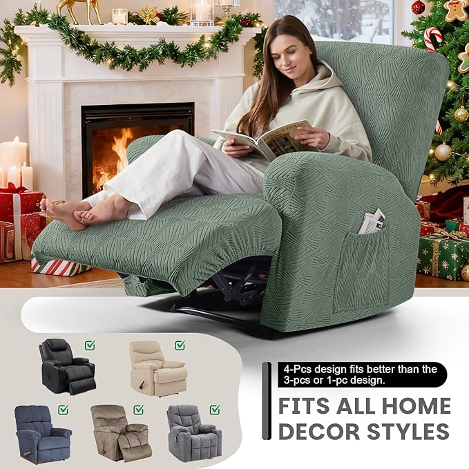 VANSOFY Recliner Chair Covers, 4-Pieces Stretch Recliner Cover Jacquard Soft Reclining Chair Slipcover Furniture Protector with Elastic Bottom for Lazy Boy Recliner(Bean Green)