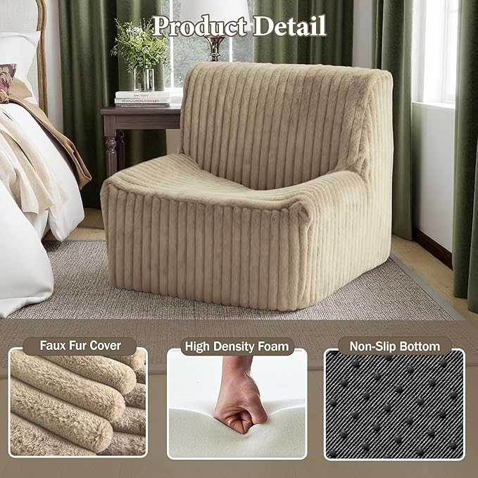 Trenda 32'' Boneless Chair, Super Comfy Bedroom Accent Chair, Sofa Chair, Soft Faux Fur Cover Floor Couch for Living Room,College, Dorm to Reading& Gaming (Khaki)