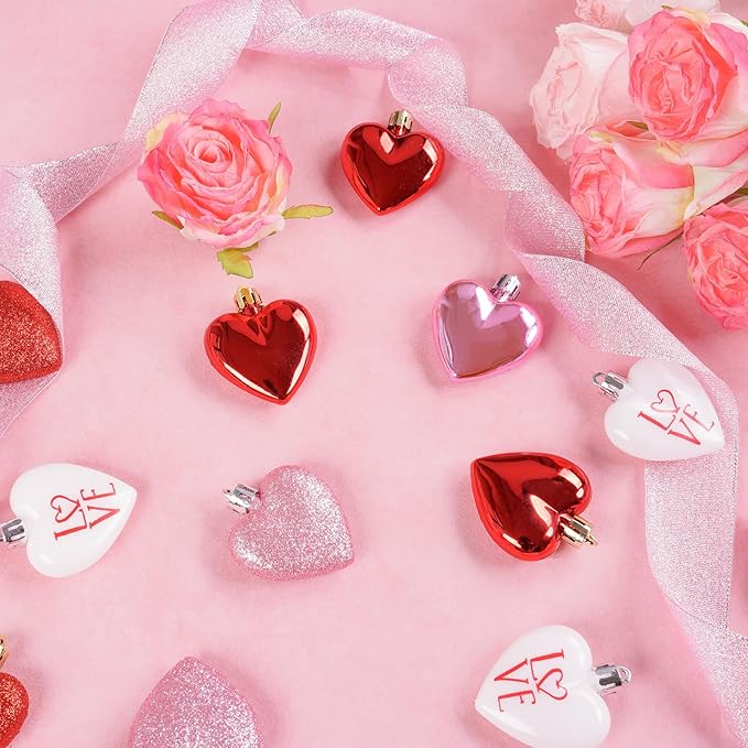 XmasExp Valentines Day Decor Heart Ornaments for Christmas Tree Decorations Set of 24 Pink Heart Shaped Bauble Perfect for Valentine's Day Wedding Anniversaries and Party Supplies