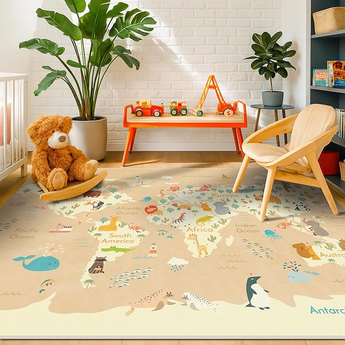 Washable Kids Rug for Playroom – 5x7 Toddlers Room Play Rug, Educational World Map Play Mat with Cute Animals – Non-Slip, Stain Resistant, Soft & Safe for Baby, Nursery, Kids Room, Bedroom - Beige