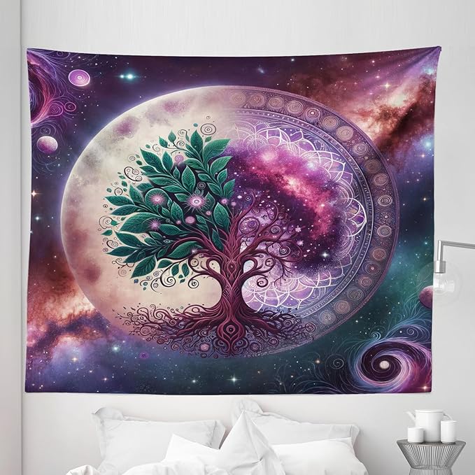 Ambesonne Purple Tapestry King Size, Galaxy Tree of Life Design Space and Earthy Side Branches Universe Art, Wall Hanging Bedspread Bed Cover Wall Decor, 104" X 88", Teal Plum and Lavender