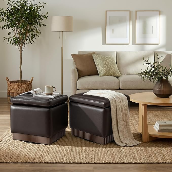 Swivel Storage Ottoman with Hidden Compartment, Square Faux Leather Footstool, Solid Acacia Wood Frame, 500 lbs Capacity, No Assembly Required, for Living Room & Bedroom