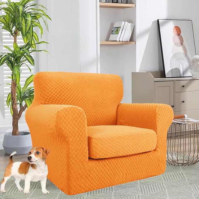 YEMYHOM Latest Checkered 2 Pieces Chair Covers for Living Room High Stretch Thickened Chair Slipcovers with Arms Anti Slip Elastic Armchair Sofa Couch Slipcover Protector (Orange), 31"-46"(1 Cushion)