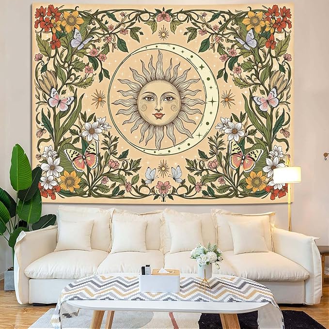 Accnicc Boho Sun and Moon Tapestry Vintage Floral Wall Tapestry for Bedroom Aesthetic Beige Celestial Plant Flower Butterfly Small Tapestries Wall Hanging for Living Room Dorm 48 x 36 Inch