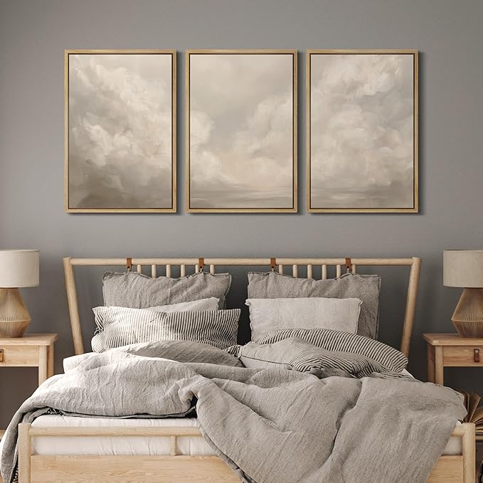MUDECOR Framed Wall Art Print Set Neutral Cloudscape Soft Beige Abstract Sky Illustrations Modern Art Boho Decorative Colorful Chic for Living Room, Bedroom, Office - 16"x24"x3 Natural
