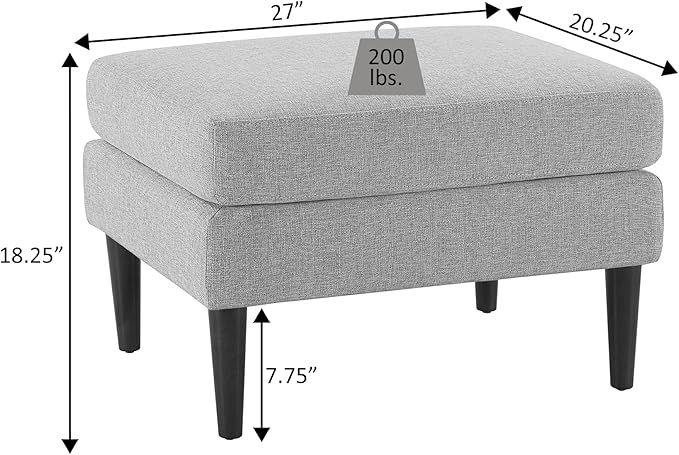 Convenience Concepts Designs4Comfort Marlow Ottoman 27" - Mid-Century Modern Upholstered Footrest & Seat for Living Room, Bedroom, Hallway, or Entryway, Dark Charcoal Gray Fabric