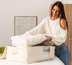 Soft Canvas Storage Bags with Zipper. Thick Breathable, 2pc King/Queen Comforter Organizer. Four Carrying Handles and Window. Large 25x19x9in Bag for Sheets Blankets Bedding Pillows, Clothes (Grey)