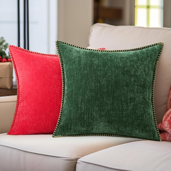 decorUhome Spring Chenille Soft Cozy Throw Pillow Covers 12x20 Set of 2, Modern Farmhouse Boho Velvet Decorative Pillow Cases with Stitched Edge for Couch Sofa Bed Home Decor, Christmas Red