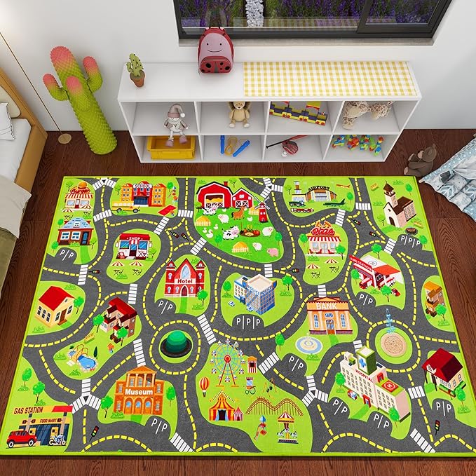 Kids Car Rug Play Mat, Kids Road Car Play Rug for Toy Cars, Educational Town City Map Carpet Vehicle Mat for Boy Playroom Bedroom, Non Slip Car Track Rugs for Kid Baby Children (60"X36", A)