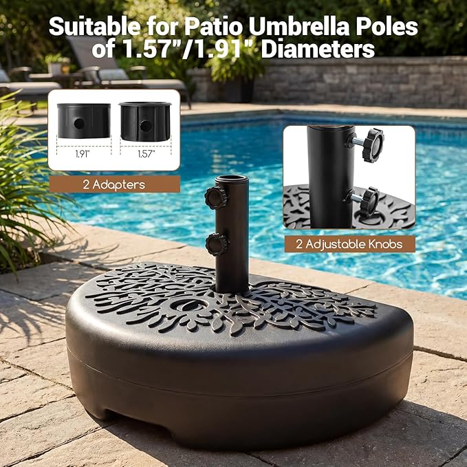 Tangkuls 55 LBS Half Round Umbrella Base, Water & Sand Fillable Heavy Duty Umbrella Weight for 1.57” & 1.91” Poles, Patio Umbrella Base for Deck Lawn Poolside, Textured (55, Pounds)