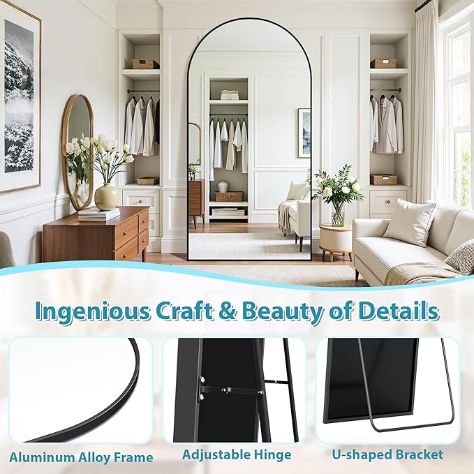 Full Length Mirror, 76"x44" Oversized Floor Mirror Freestanding, Full Body Mirror Floor Standing Mirrors with Stand, Hanging Mounted Mirrors for Bedroom Living Room, Black, Arched Style