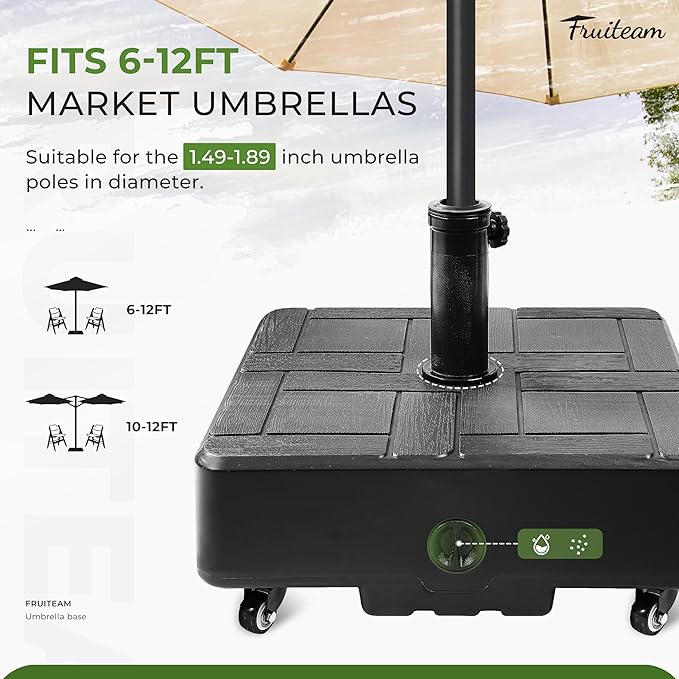 FRUITEAM 155lb Capacity Fillable Portable Umbrella Base with Wheels,Patio Umbrella Base Heavy Duty, Square Market Stand for Patio,Outdoor w/ 4 Wheels, 2 Knobs, Suitable for 6-12 ft Outdoor Umbrella