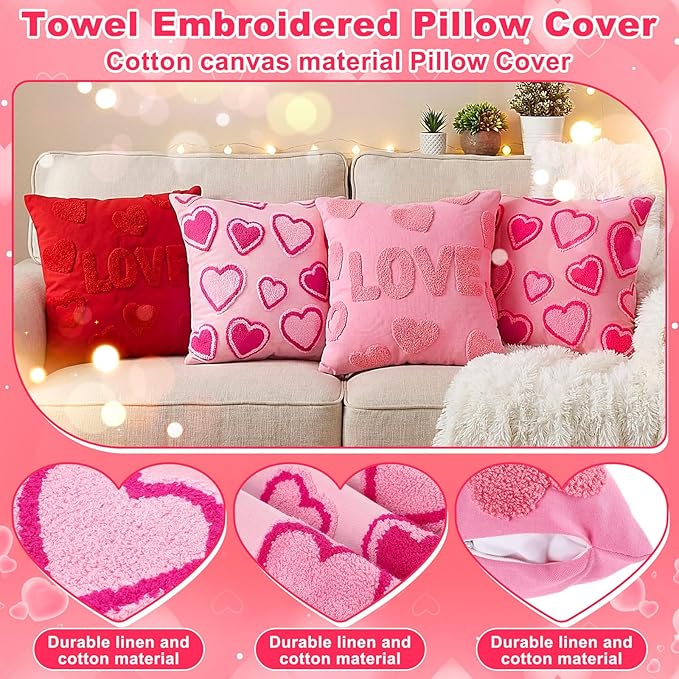 4 Pack Soft Valentines Throw Pillow Covers 18 x 18 Red Heart Square Pillow Covers with Zipper Cute Faux Fur Plush Pillows Cover for Valentines Day Sofa Bedroom Living Room