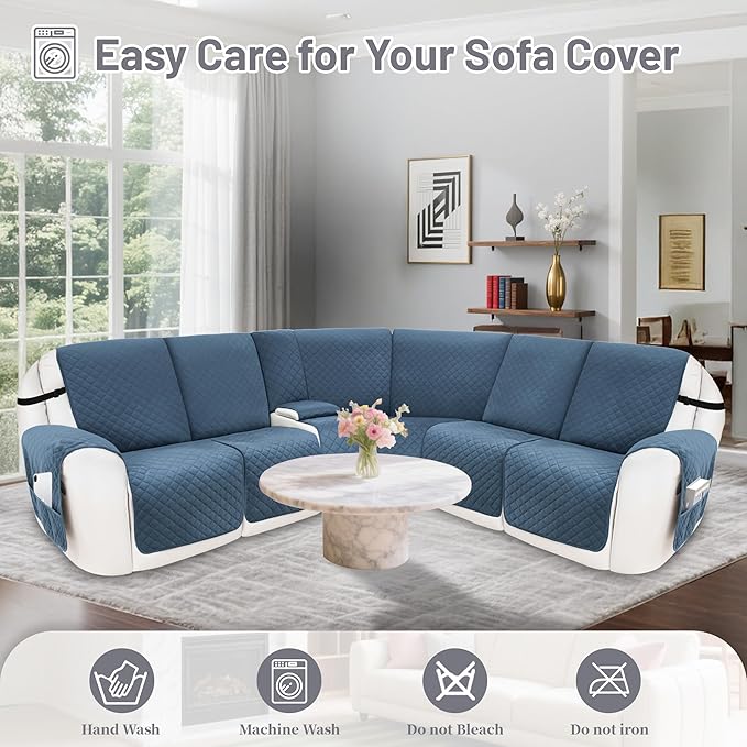 Recliner Sofa Covers 100% Waterproof Velvet L Shape Recliner Couch Covers for Dogs Pets Washable Anti Slip Recliner Slipcovers with Pockets (5 Seat Sofa with 1 Console, Dark Blue)