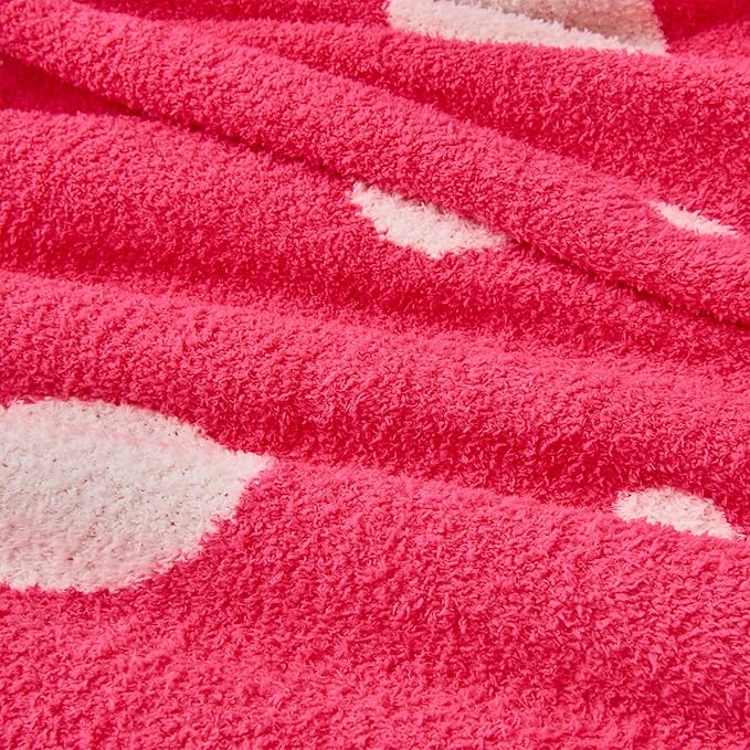 CozeCube Super Soft Fullfy Microfiber Reversible Knitted Blankets, Warm Cozy Fuzzy Plush Throw, Hot Pink and White Polka Dot Throw Blanket for Couch Bed Sofa, 50" x 60"