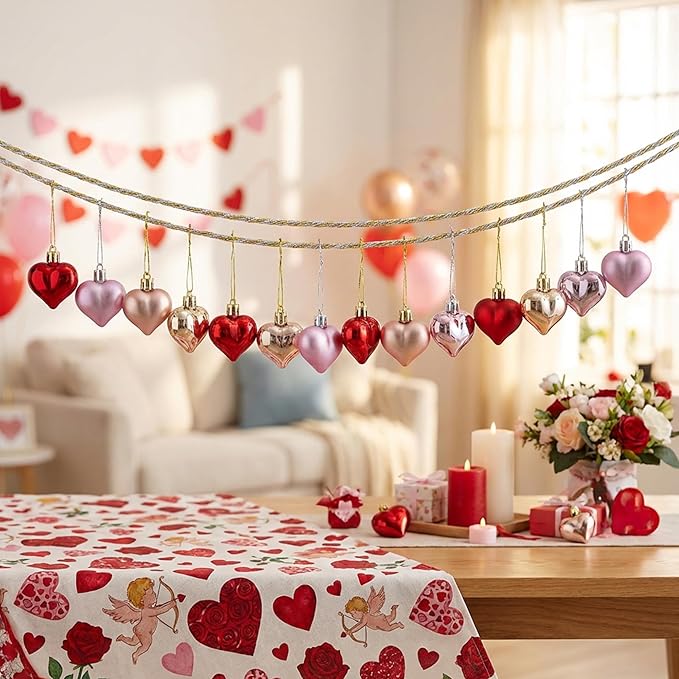 Iceyyyy 60Pcs Valentine's Day Heart Ornaments-Valentine's Mother's Day Heart Baubles Shaped Hanging Ornaments Decoration for Valentine Tree Wedding Anniversary Party