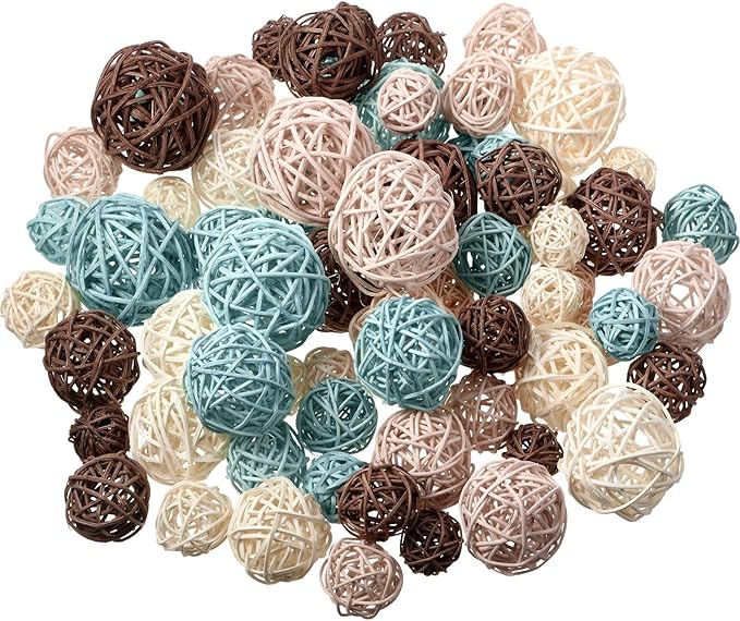 Patelai 72 Pcs Wicker Rattan Balls Decorative Balls for Vase Centerpiece Bowls Orbs Filler for Spring Summer Craft Home Decor, 4 Sizes(Light Blue, Light Brown, Dark Brown, White)