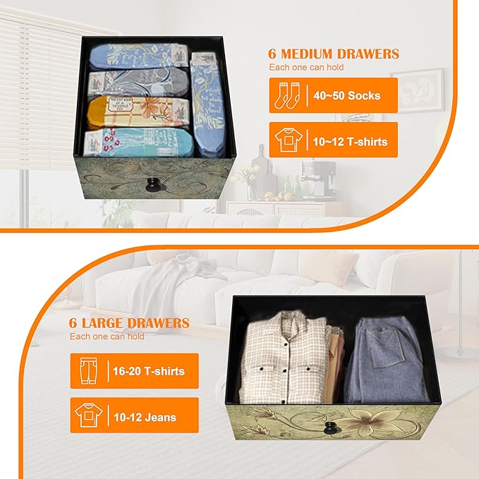 Tohomeor Dresser with Drawers for Bedroom Chest of Drawers Fabric Dresser for Closet,Nursery Entryway Hall Tree TV Stand for Living Room Retro Floral Pattern Drawers Wooden Top (12 Drawers)