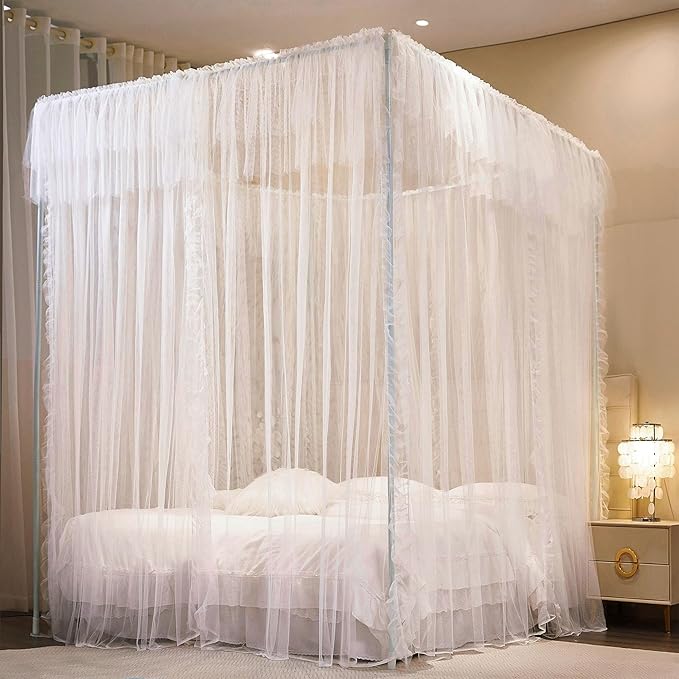 4 Corners Post Princess Curtains Bed Canopy for Girls 8 Panels Curtain- Double Layer Sheer Mesh Canopies Drapes Girls Room Decor (8P-White/White, 4P(43"x82") W+4P(43"x82") L/(King))