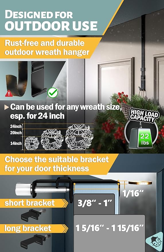 Menz Adjustable Wreath Door Hanger 19" Black Over The Door Wreath Hanger for Glass Window Front Door Non-Scratch Decoration Holder 22 LB for Christmas, Hook for Decorative Easy Store Halloween