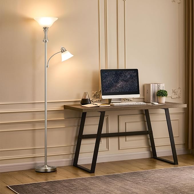 71'' Torchiere Floor Lamps for Living Room, Tall Floor Lamp for Bedroom with Adjustable Angle Arc Reading lamp, Modern Standing lamp with Glass Shade, Knob Switch, Bulb Included, Silver