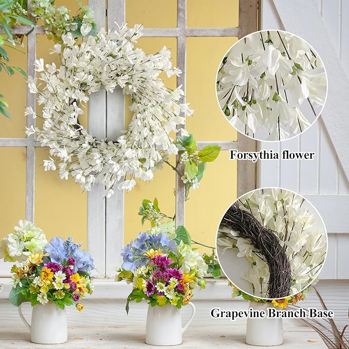 Spring Wreath for Front Door, 24 Inch White Cream Forsythia Spring Wreath Blossom Cluster Flower Farmhouse on Grapevine for Festival Celebration Front Door Wall Window Hanging Décor
