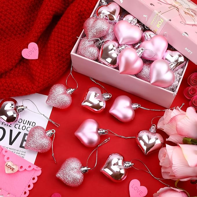JULMELON 24 Pieces Valentine’s Day Heart Shaped Ornaments, 3D Heart Shaped Bulk Hanging Ornaments, Glossy and Matt Glitter Hearts Hanging Decorations for Valentines Day Tree Decorations Party Home