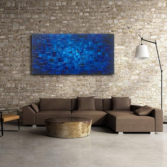 MyArton Large Abstract Dark Blue Square Canvas Wall Art Hand Painted Textured Oil Painting on Canvas Ready To Hang Artwork 56x28inch