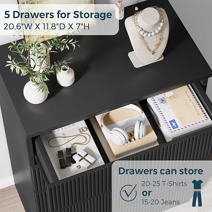 Fluted 5 Drawer Dresser, 43" Tall Dresser Chest of Drawers Curved Profile Design, Wood Mid Century Vertical Dresser Natural Texture for Bedroom, Black Dresser