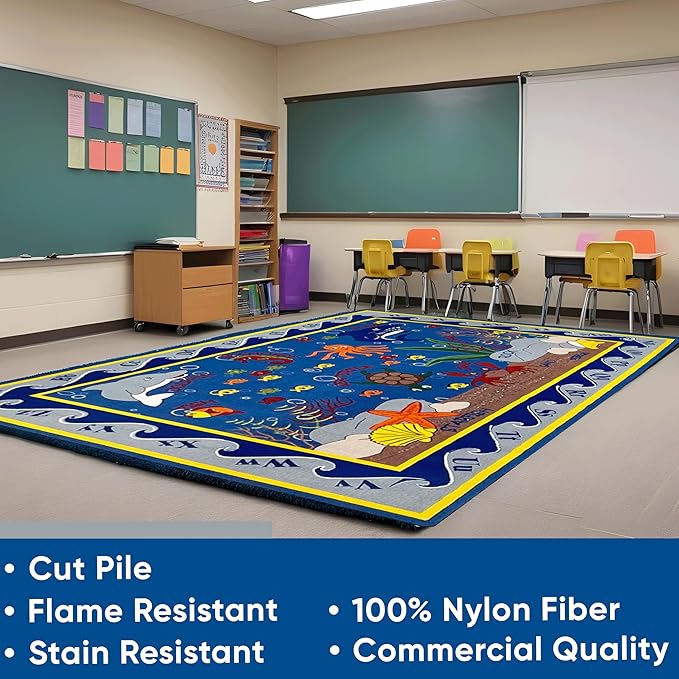 KIDCARPET.COM Fish in The Sea Rectangle Classroom Rug | Bordered Area Rug for Preschool Daycare Learning, 6' x 8'6"